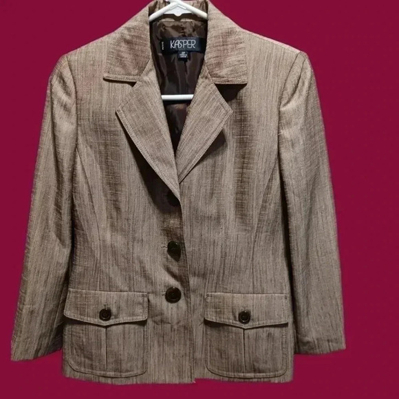 Kasper sheen blazer tan & brown blazer style safari size 2P - Picture 6 of 12